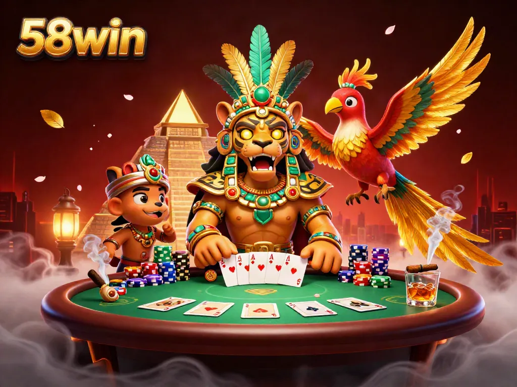 Experience the vibrant world of 58win with a packed poker scene featuring a Mayan jaguar priest and casino elements.