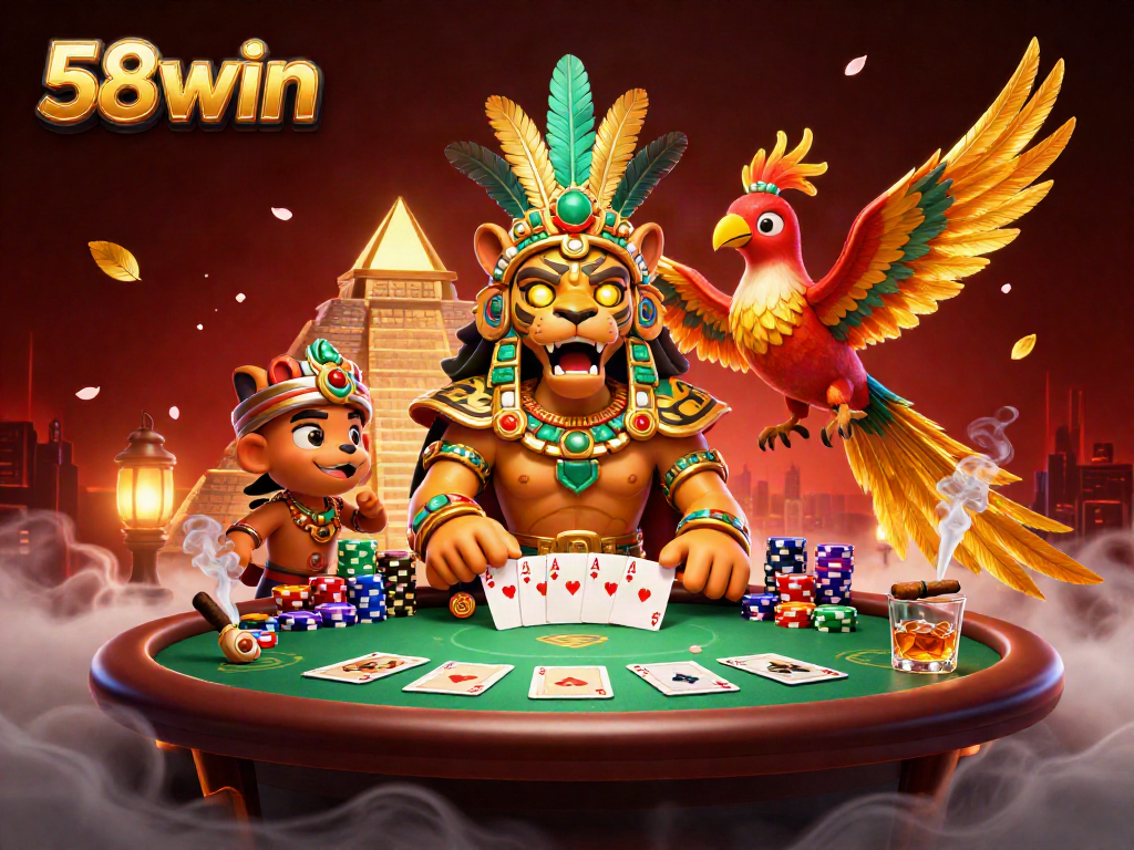 Experience the vibrant world of 58win with a packed poker scene featuring a Mayan jaguar priest and casino elements.