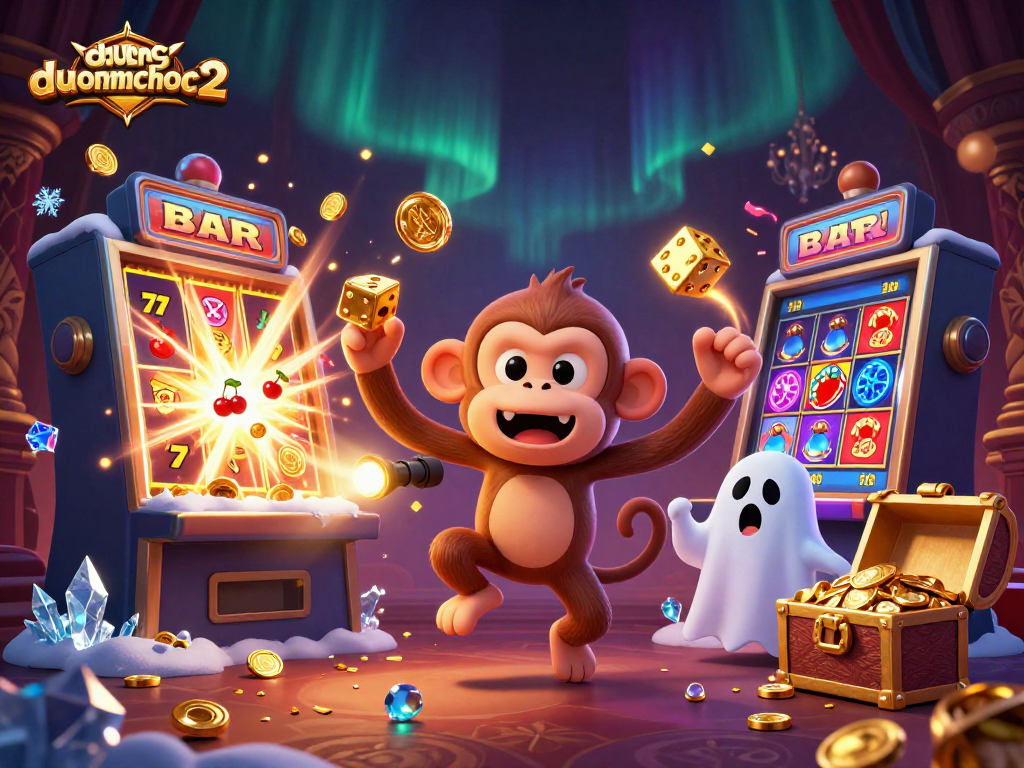 Engage in the thrilling duongmatchuoc2 experience with a playful poltergeist monkey in a vibrant casino.