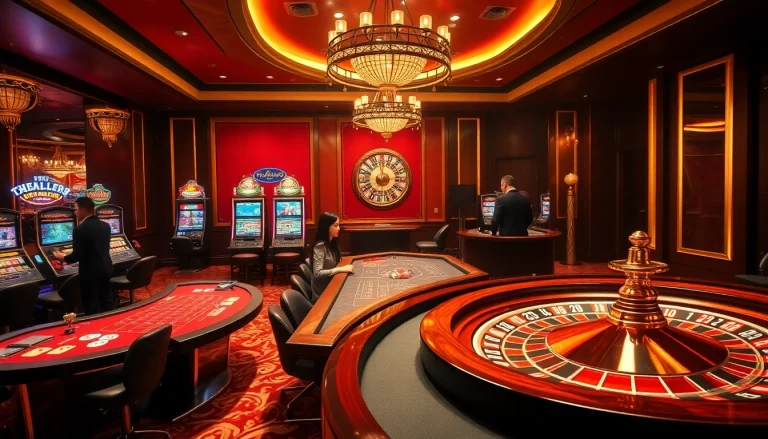 A vibrant casino scene showcasing slot machines and roulette wheels with the essence of thabet77.sa.com, conveying excitement and luxury.