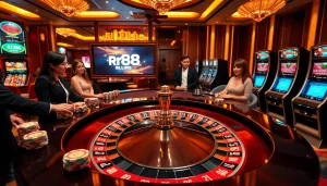 View gamblers enjoying a premium gaming experience at RR88 link casino with roulette and slot machines.