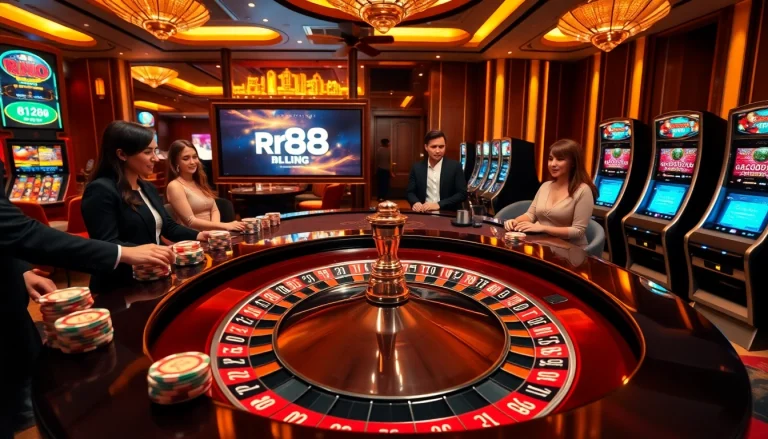 View gamblers enjoying a premium gaming experience at RR88 link casino with roulette and slot machines.