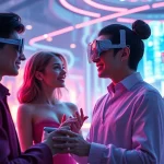 AI sex in a futuristic digital landscape with avatars in playful interactions.