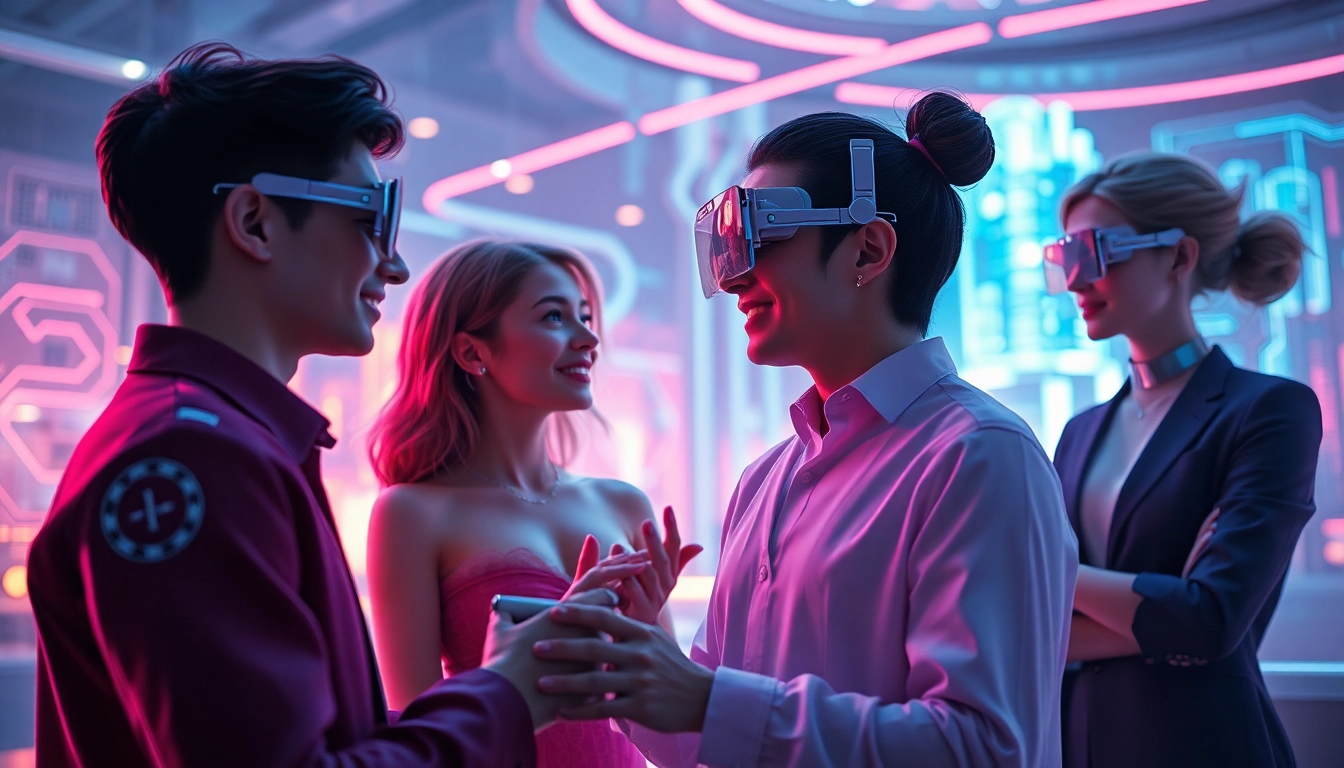 AI sex in a futuristic digital landscape with avatars in playful interactions.