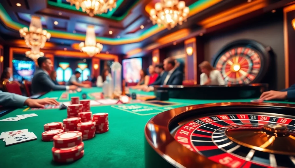 Engaging scene of players and games at ib88 online casino with vibrant poker chips and cards.