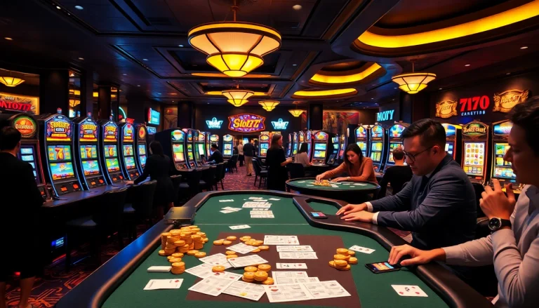 Players enjoying Slot777 machines at a luxurious casino gaming hall.