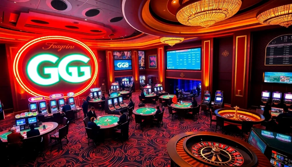 GG88 casino interior with poker tables and vibrant slot machines creating excitement.
