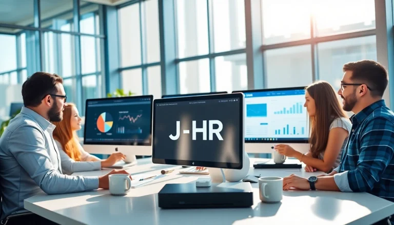 Professional team effectively utilizing logo j hr software in a modern office setting.
