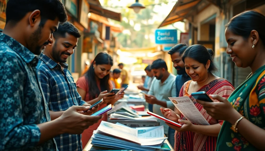 Engaging scene of people interacting with Hela Ad on mobile devices in a vibrant Sri Lankan marketplace.
