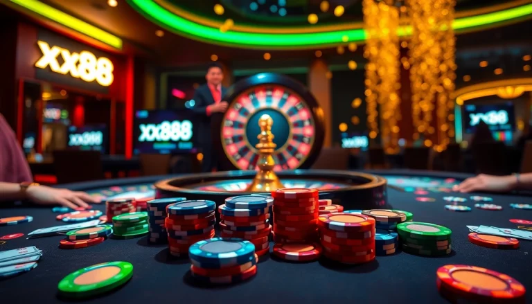 Players strategizing their bets at the vibrant xx88 casino table, radiating excitement and luxury.