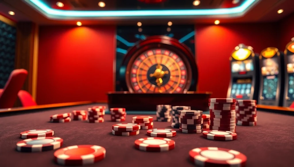 A lively casino scene showcasing thabet77.sa.com with poker chips, roulette wheel, and elegant slot machines.