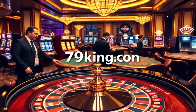 Experience the thrilling atmosphere of 79king.com with players at a luxurious casino table and vibrant slot machines.
