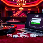 rr88 đăng nhập at an upscale casino table featuring poker chips, cards, and an online interface.
