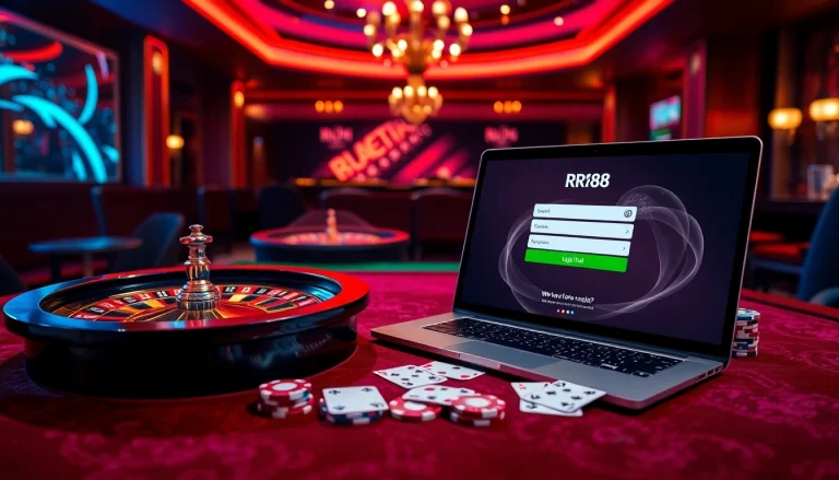 rr88 đăng nhập at an upscale casino table featuring poker chips, cards, and an online interface.
