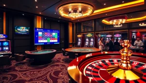 Online gambling excitement at http://luck8f.cn.com/ featuring vibrant slot machines and poker tables.