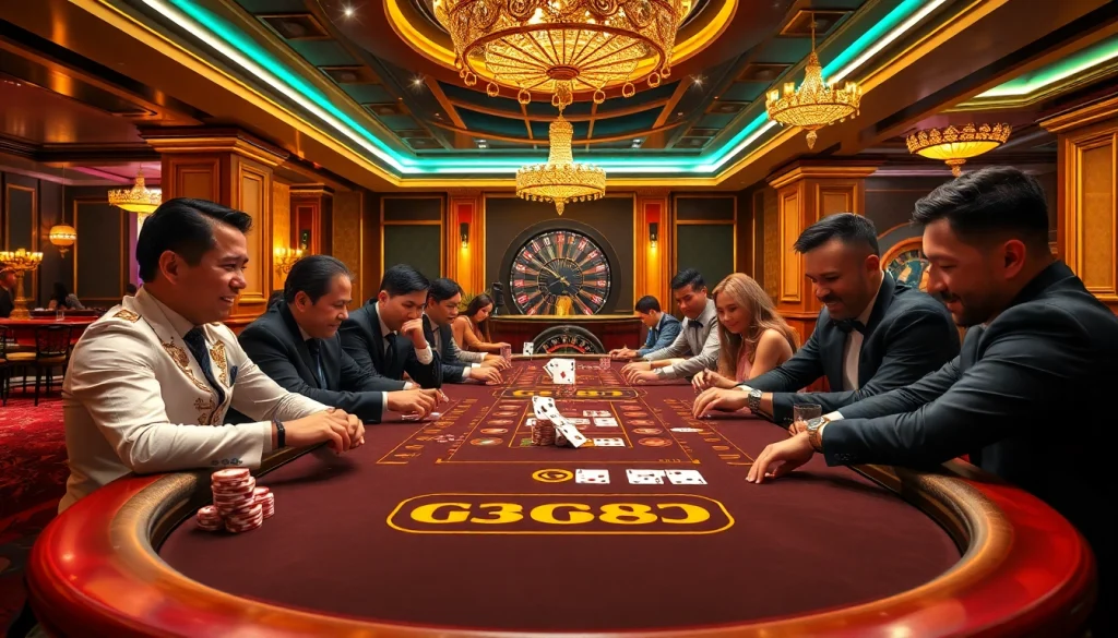 Excited players engaging at a GG88-themed blackjack table in a luxurious casino setting.