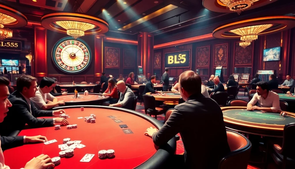Experience the thrill of BL555 at a high-stakes poker game with vibrant casino elements.