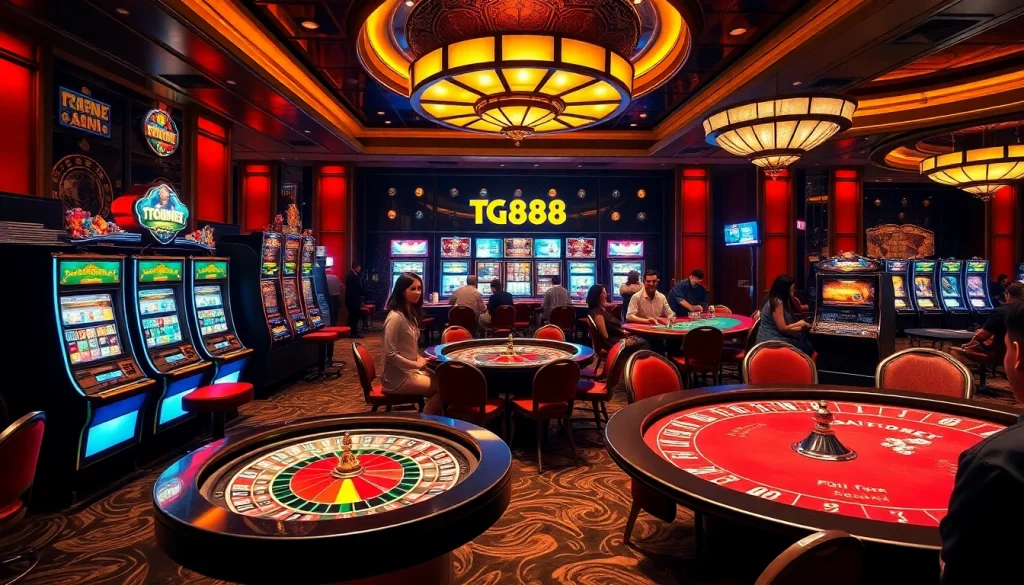 Experience the excitement of gambling with tg88-themed casino tables, vibrant slot machines, and colorful chips.