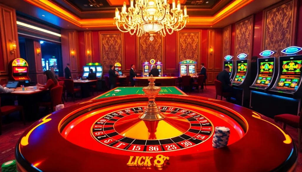 Experience the excitement at https://luck8f.jpn.com/ with a vibrant casino scene featuring roulette and poker action.