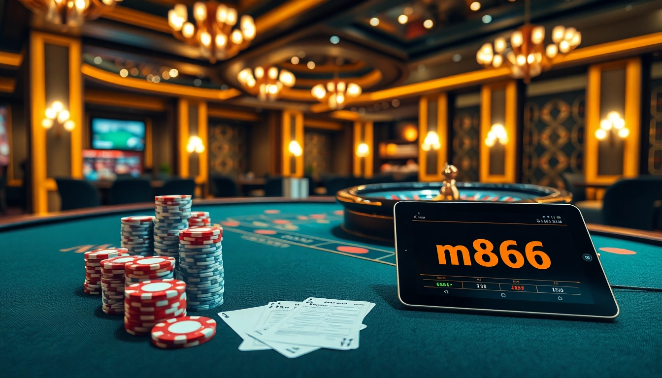 Engaging casino scene at mb66.nyc featuring poker chips, cards, and a vibrant roulette wheel.