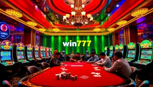 Engaging players at win777 casino table amidst vibrant slot machines and luxury ambiance.