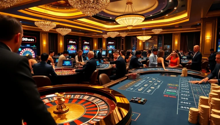 Experience high-stakes gaming action at 98win casino with vibrant roulette and blackjack tables.
