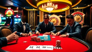 Experience thrilling poker action with 98win at a luxurious casino table featuring expert players.