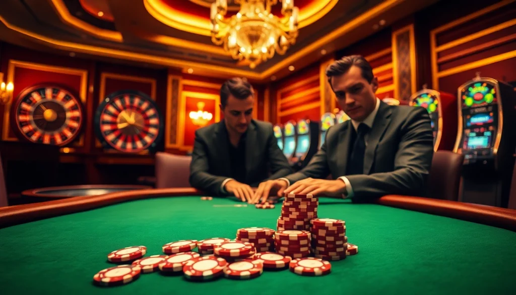 x88 casino poker table with vibrant chips and intense players in a luxurious environment