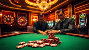 x88 casino poker table with vibrant chips and intense players in a luxurious environment