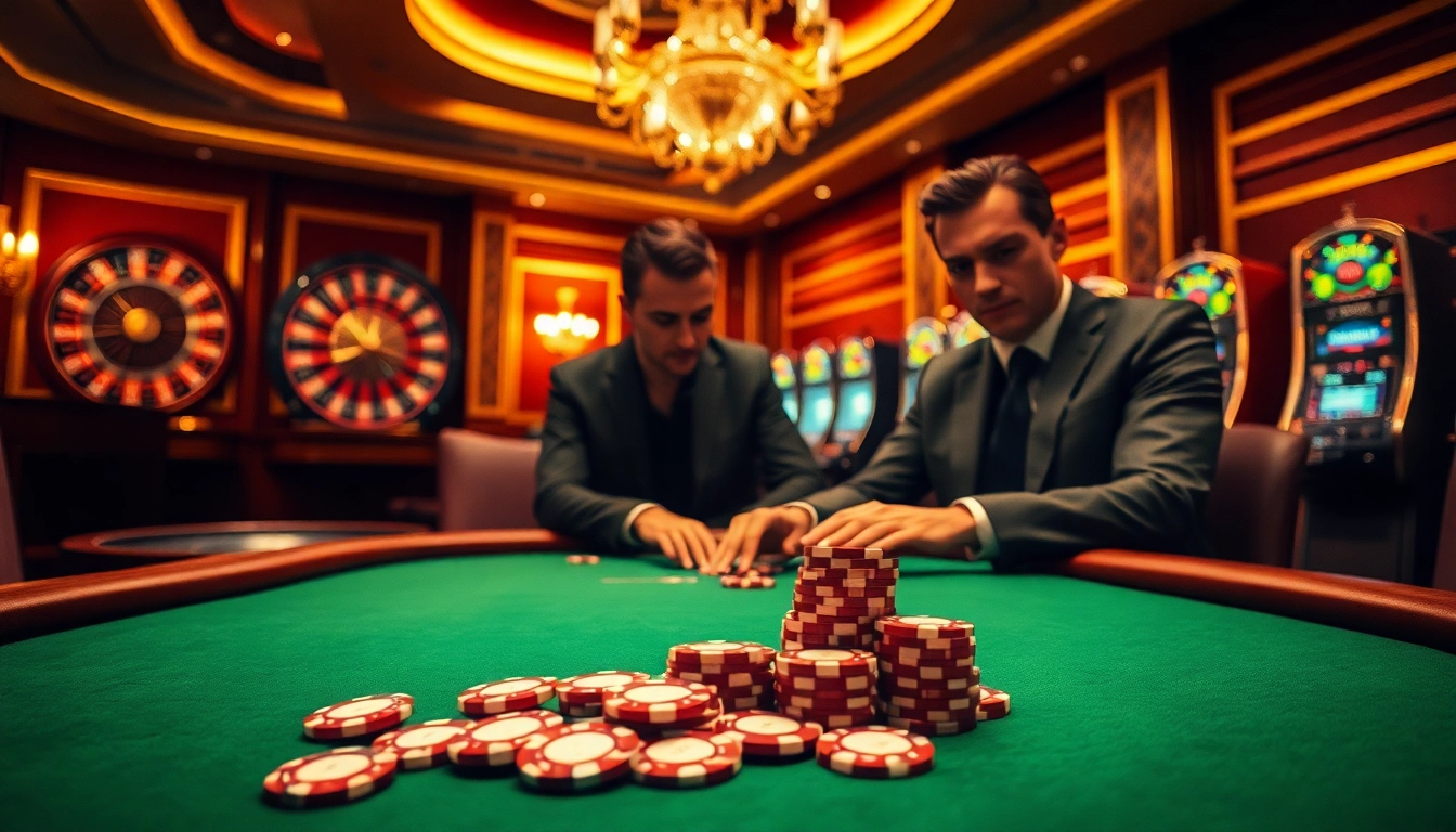 x88 casino poker table with vibrant chips and intense players in a luxurious environment