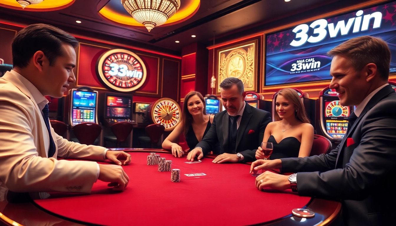 Engaging gaming atmosphere at Nhà cái 33win with poker table and glamorous casino elements.