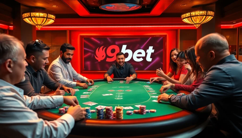 Players enjoying a thrilling poker game at a luxurious casino table featuring 9bet branding.