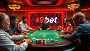 Players enjoying a thrilling poker game at a luxurious casino table featuring 9bet branding.