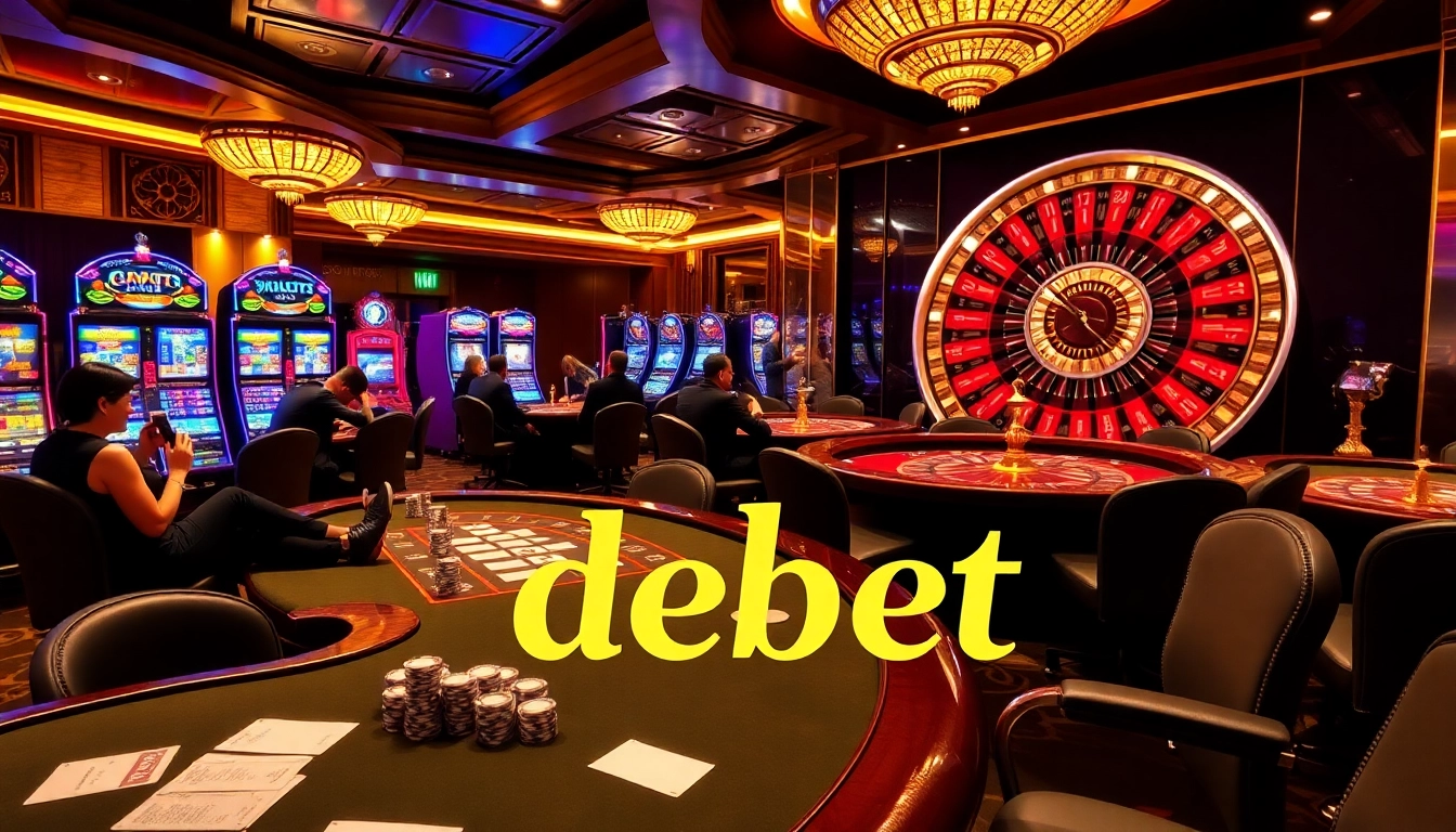 Players at a poker table engaging in high-stakes betting with debet chips in a luxurious casino.