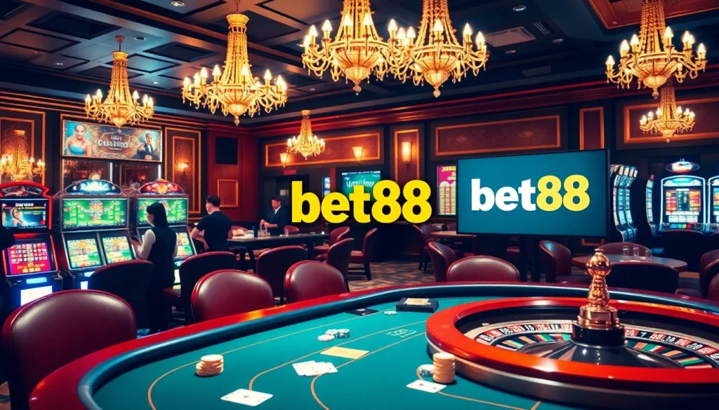 Bet88 casino scene featuring vibrant poker table, roulette wheel, and slot machines.