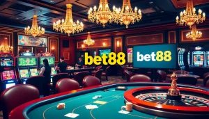 Bet88 casino scene featuring vibrant poker table, roulette wheel, and slot machines.
