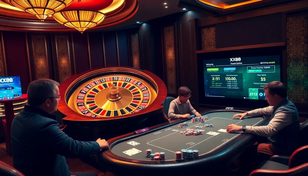 Engaging poker players at a luxurious table featuring nhà cái xx88 betting elements.