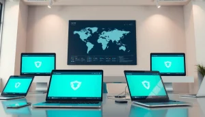 在现代工作区多设备上展示的快连官网界面，体现全球互联与安全。