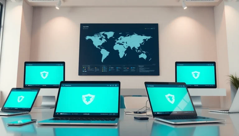 在现代工作区多设备上展示的快连官网界面，体现全球互联与安全。