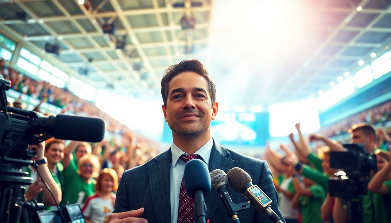Engaging sports broadcasting scene showcasing a lively stadium atmosphere with fans and a broadcaster.