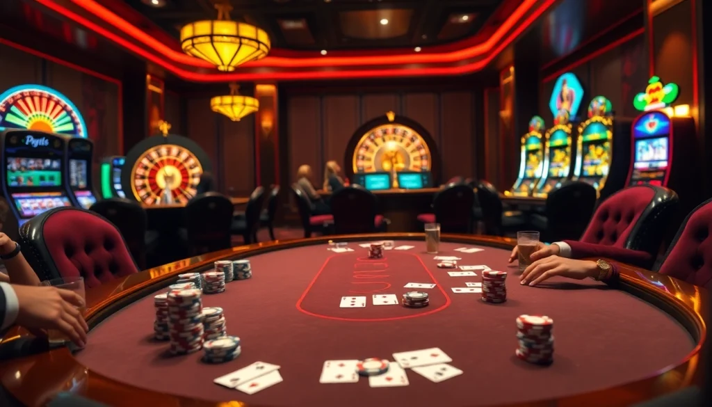Engaged players at a poker table with colorful chips and cards at https://debet23.com/ casino scene.