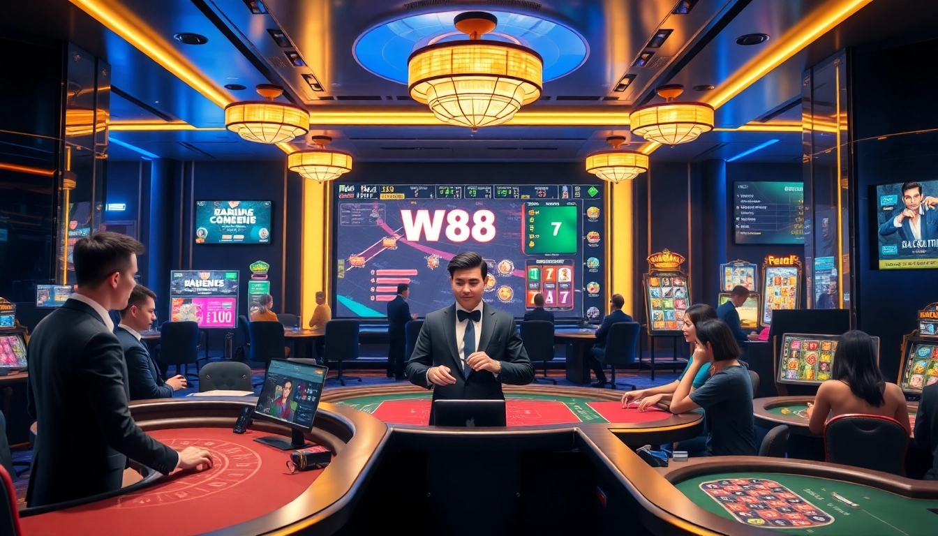 Engaging casino scene at W88.nyc with vibrant games, stylish interface, and excited players.