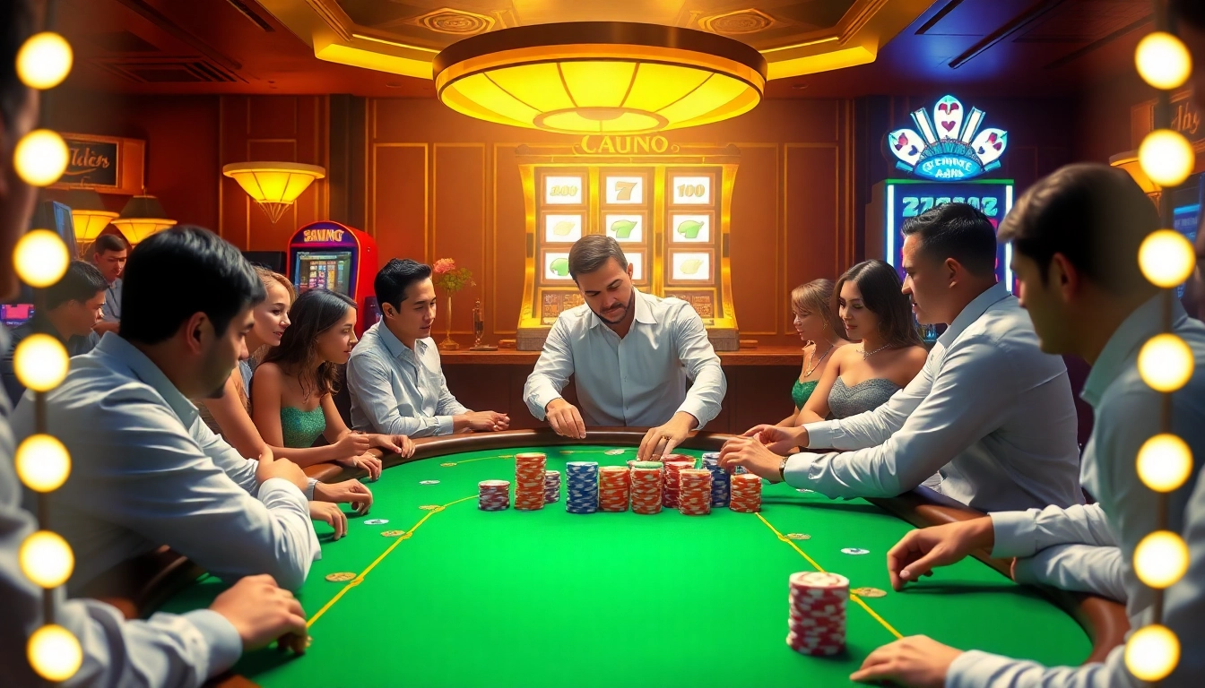 Exciting poker game at a luxurious casino with vibrant details inspired by https://lu88vip.net/.
