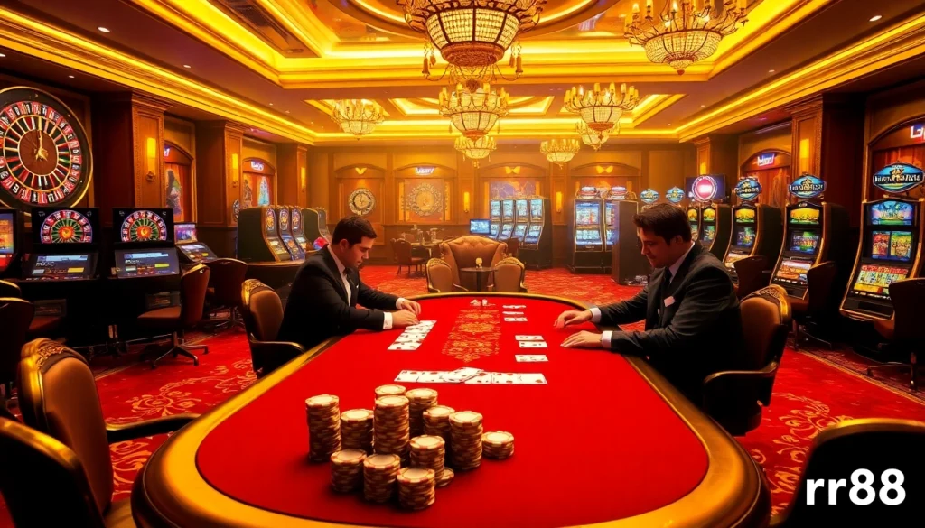 Players enjoying a high-stakes poker game at rr88 casino with vibrant atmosphere.