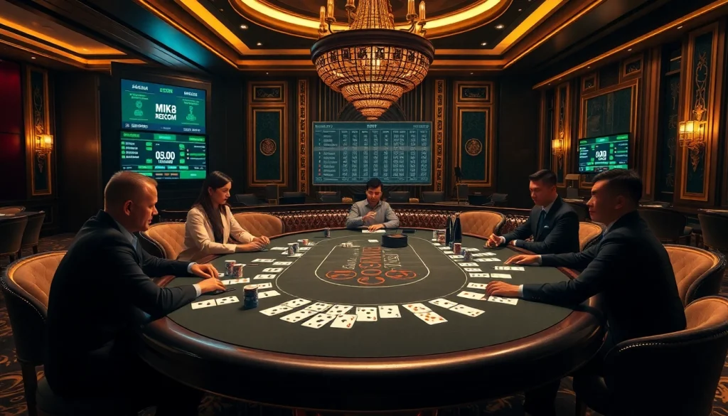 Experience high-stakes action at MK8.COM with an elegant casino betting scene including cards and chips.