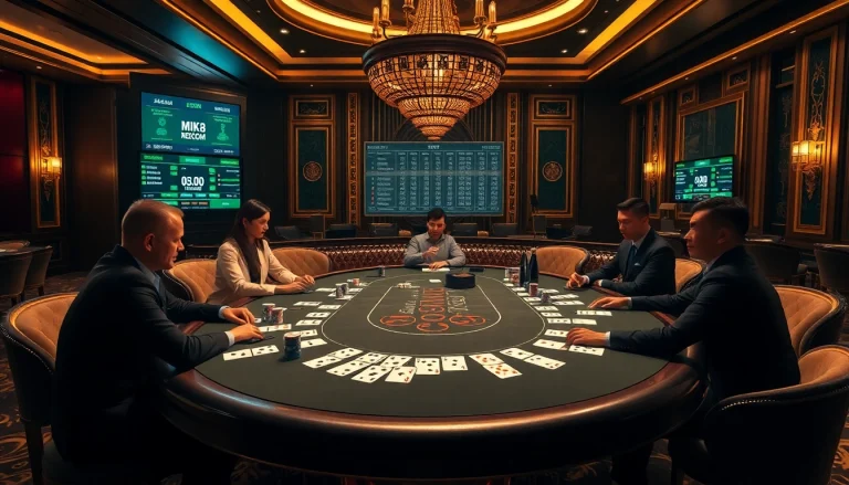 Experience high-stakes action at MK8.COM with an elegant casino betting scene including cards and chips.