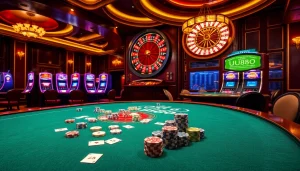 Exciting gambling scene showcasing UU88 casino tables and slot machines, inviting serious players.