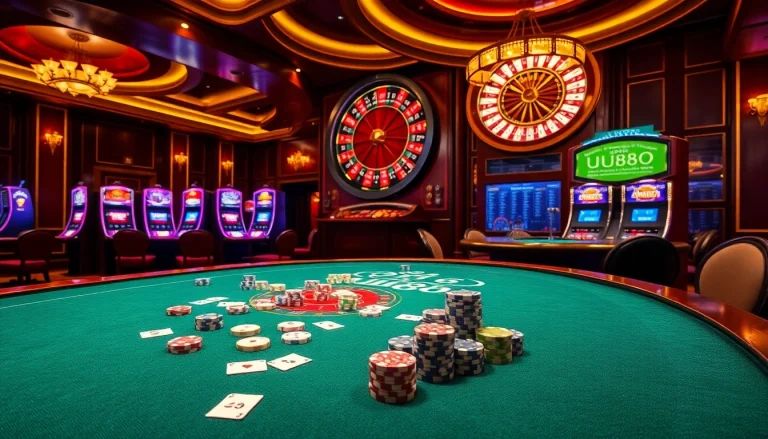 Exciting gambling scene showcasing UU88 casino tables and slot machines, inviting serious players.