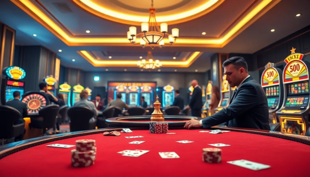 Engaging players enjoying khuyến mãi sky88 at a luxurious poker table with vibrant casino elements.