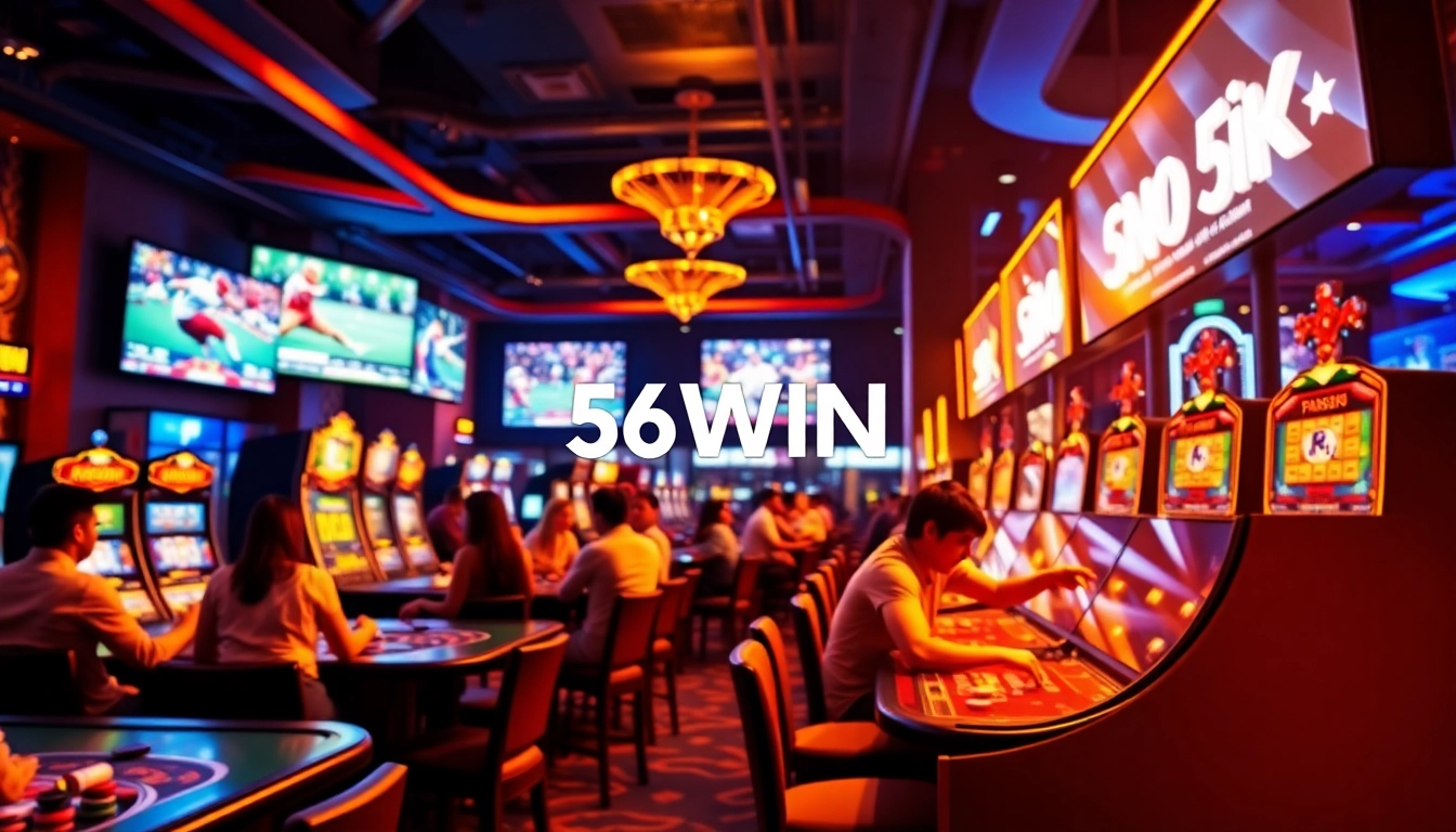 56WIN đăng nhập: Engaging online betting platform scene featuring casino excitement and players.